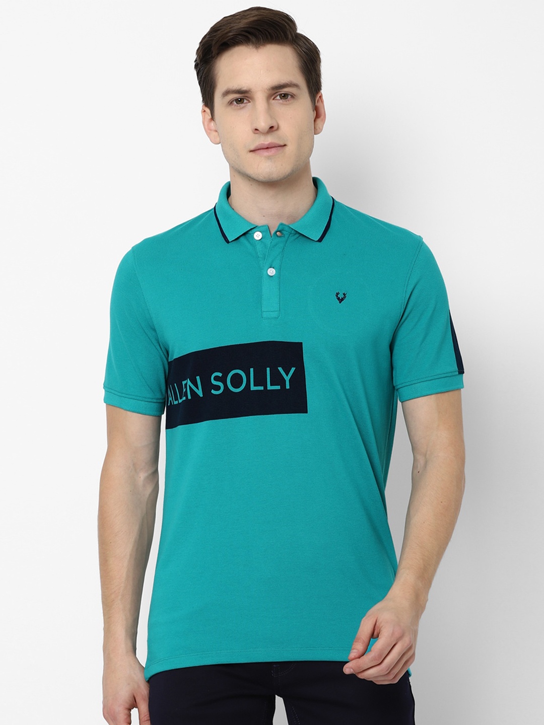 

Allen Solly Men Blue Typography Printed Polo Collar T-shirt