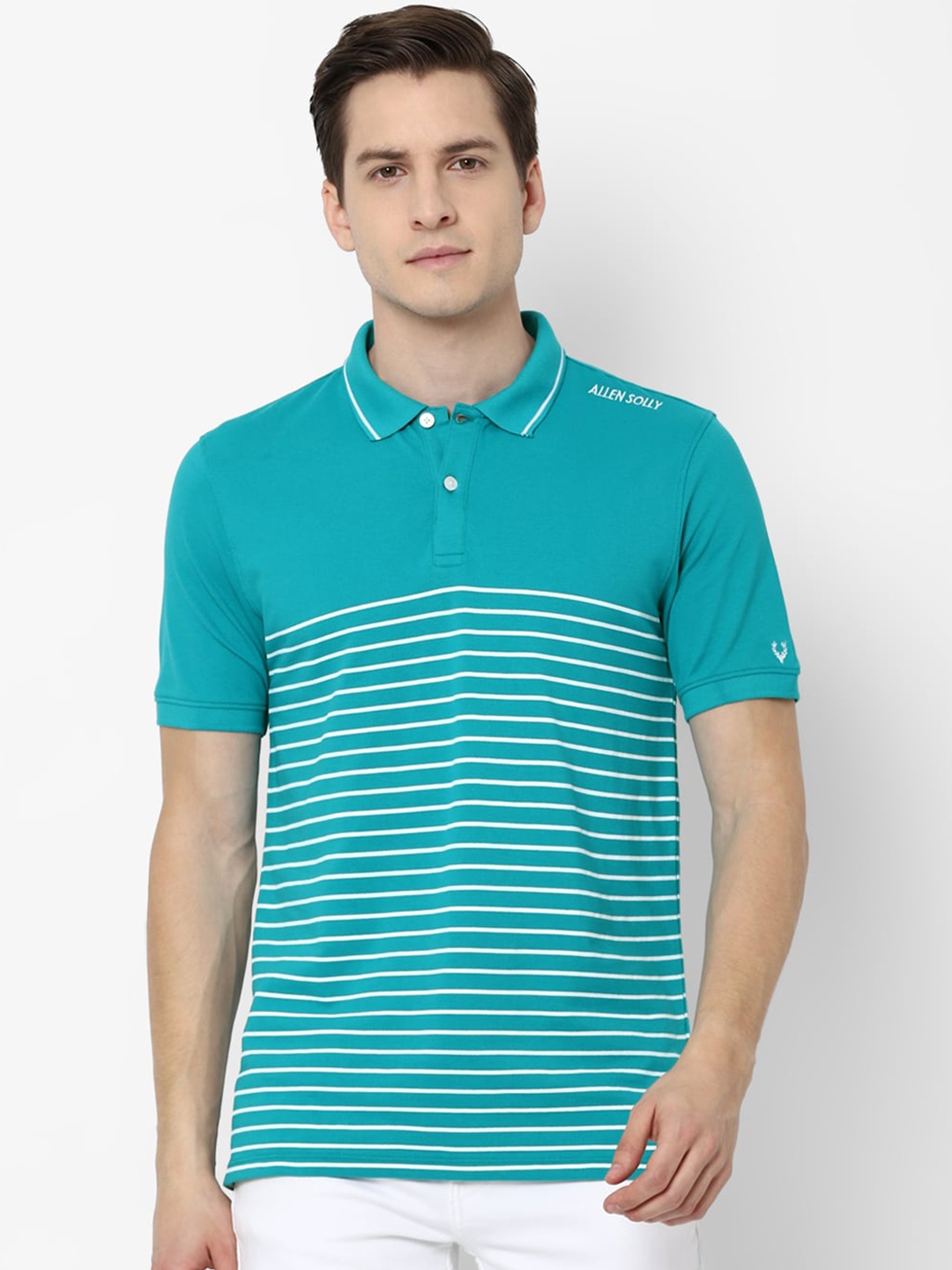 

Allen Solly Men Blue & White Striped Polo Collar Cotton T-shirt
