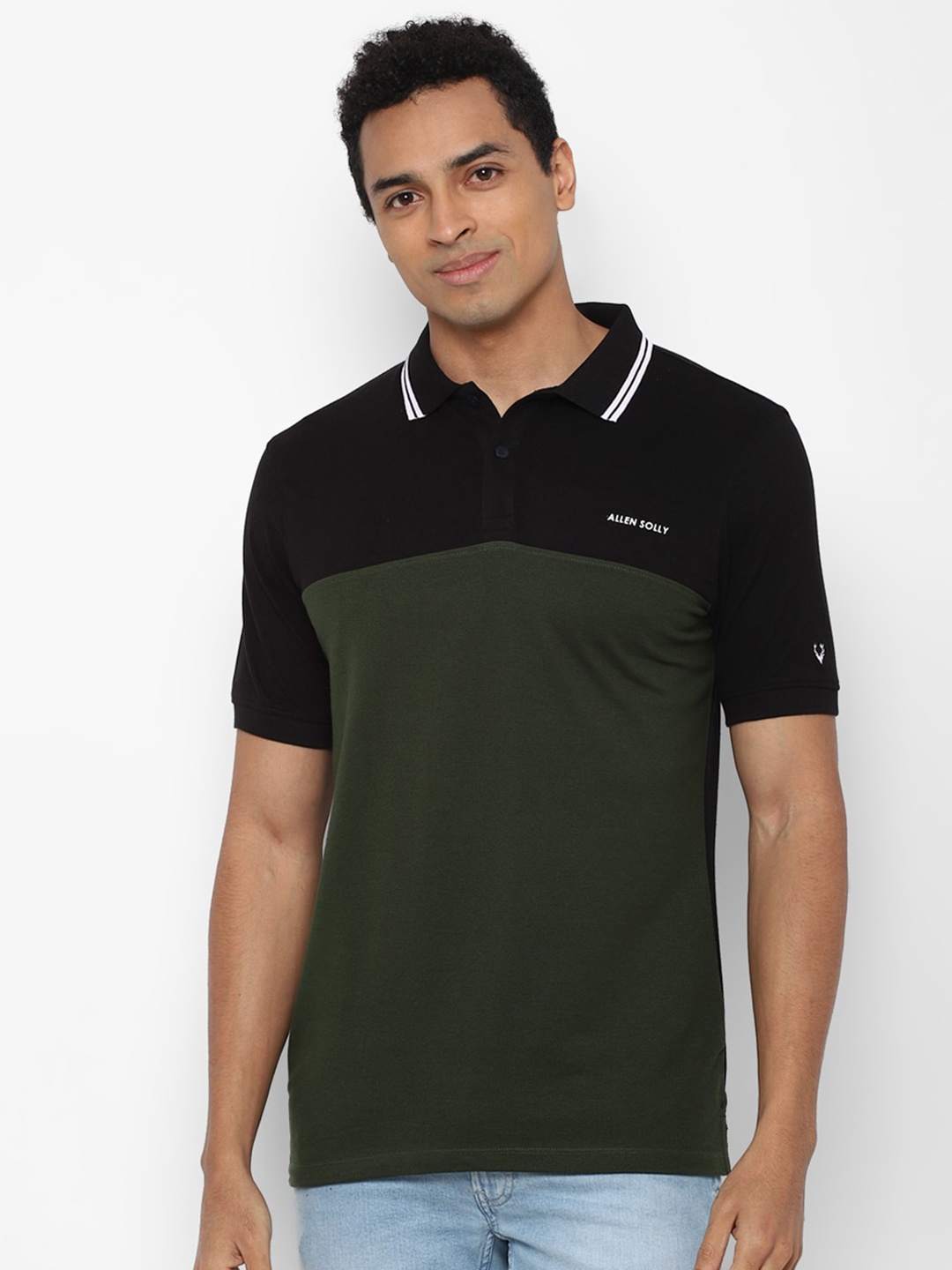 

Allen Solly Men Olive Green & Black Colourblocked Polo Collar T-shirt