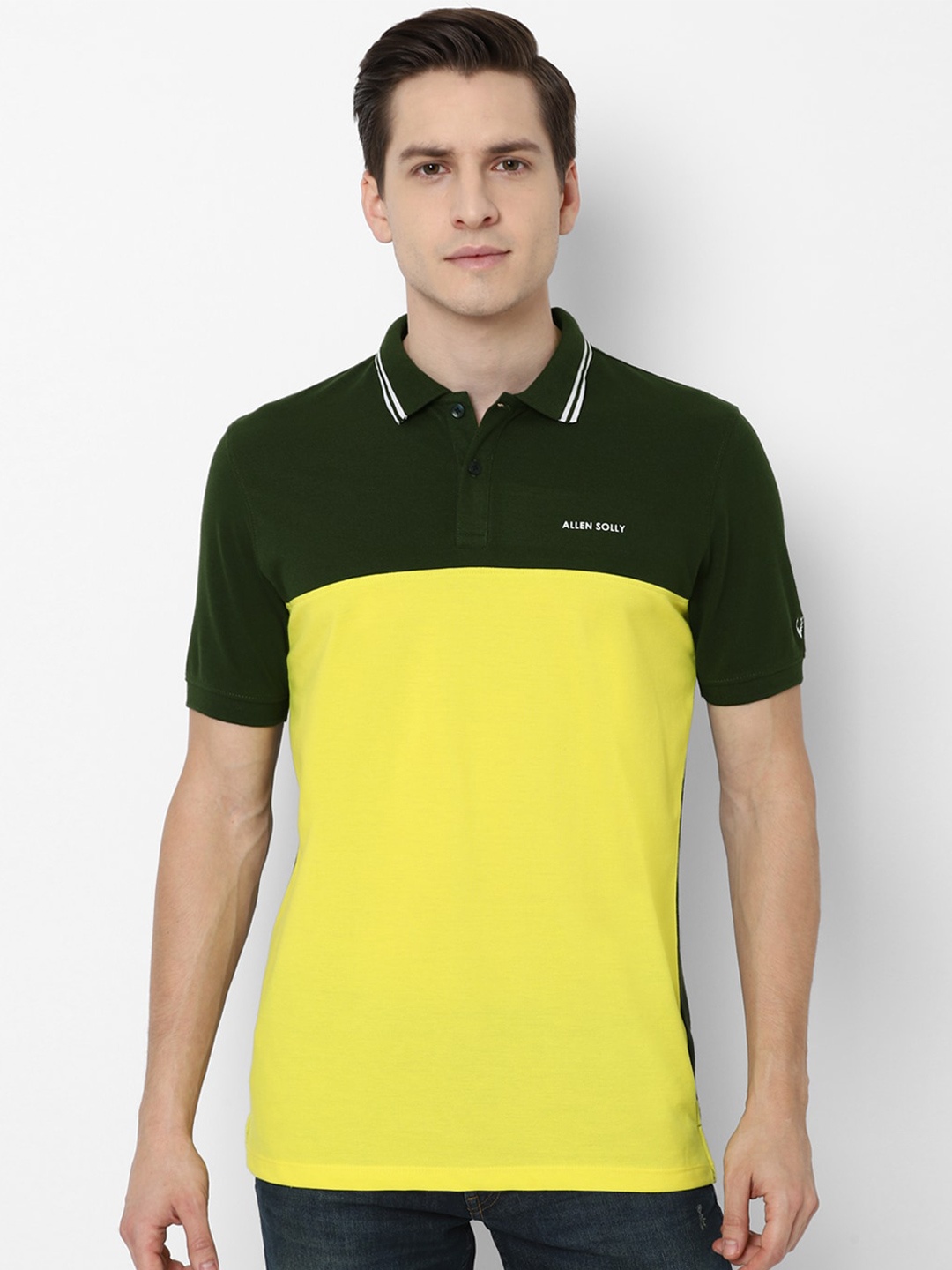 

Allen Solly Men Yellow & Black Colourblocked Polo Collar T-shirt