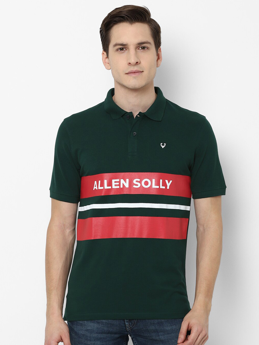

Allen Solly Men Green & Red Typography Printed Polo Collar T-shirt
