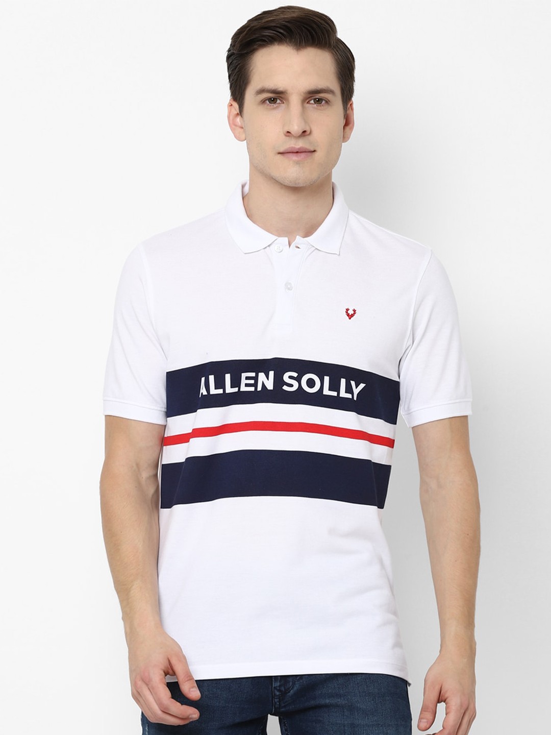 

Allen Solly Men White & Black Striped Polo Collar T-shirt
