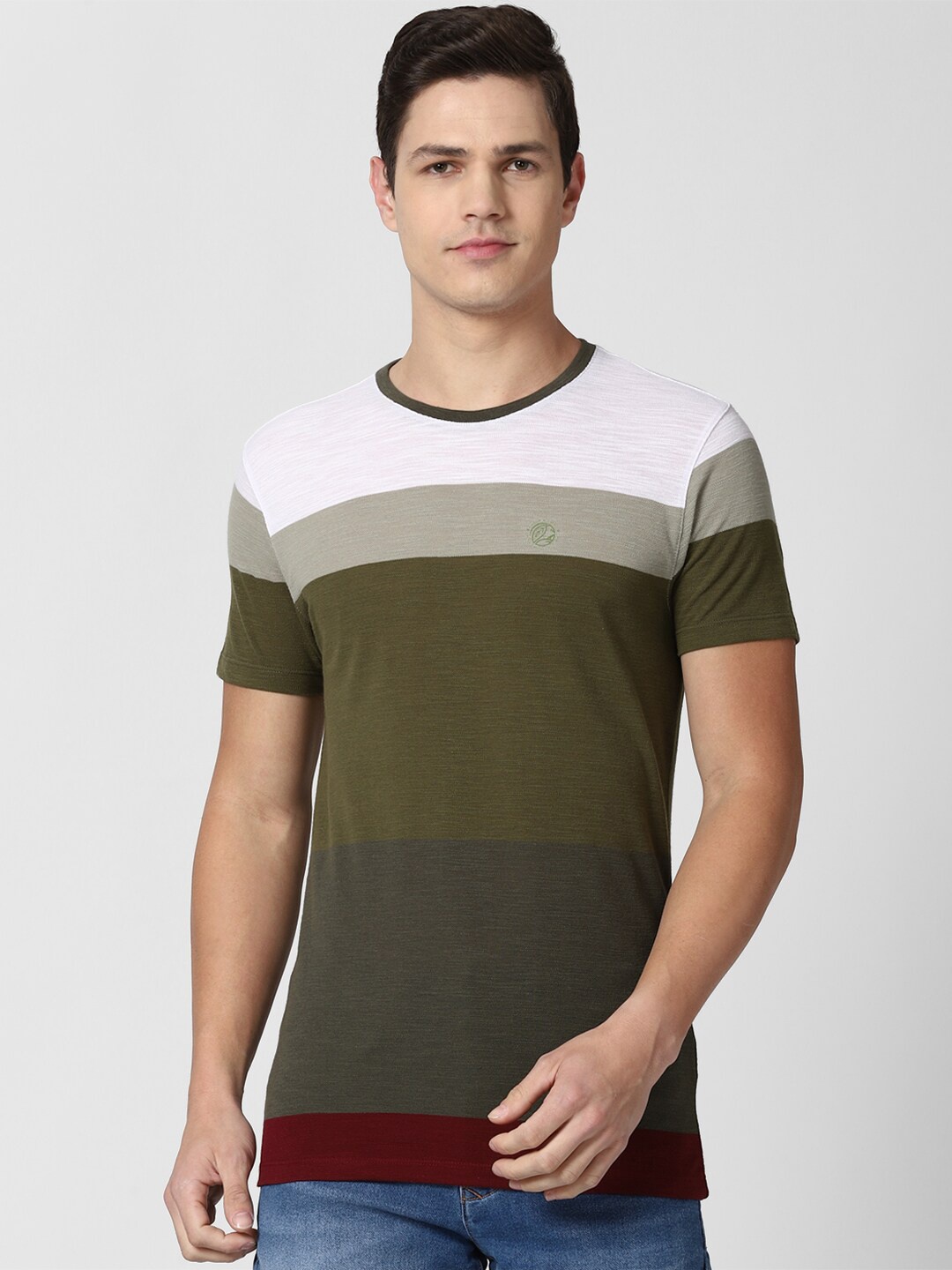 

Peter England Casuals Men Olive Green & Grey Colourblocked Slim Fit T-shirt