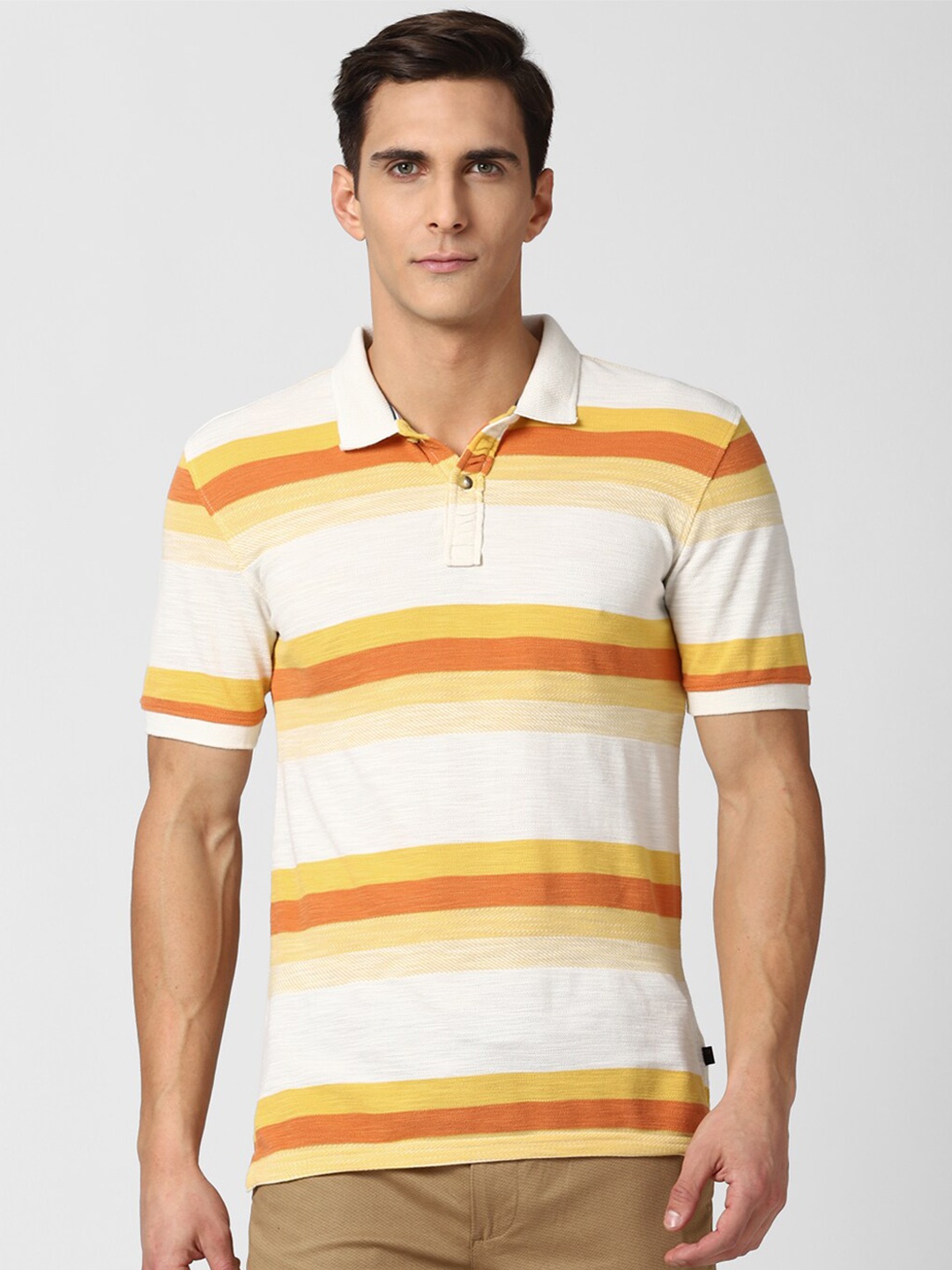 

Peter England Casuals Men Yellow & White whStriped Polo Collar T-shirt
