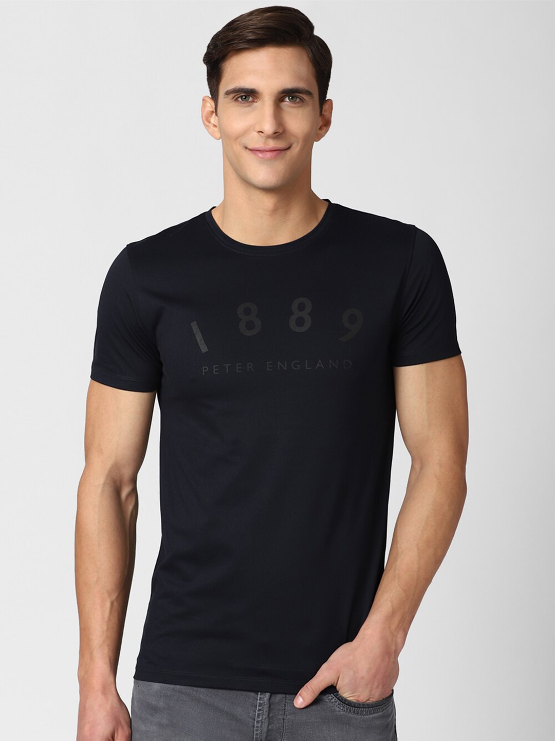Peter England Casuals Men Navy Blue Typography Printed Slim Fit T-shirt