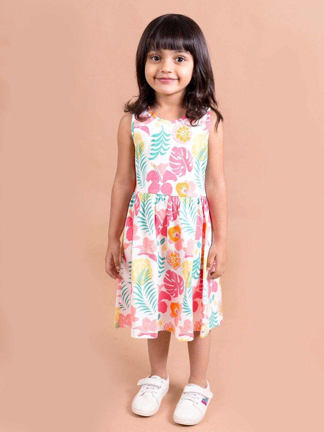 

pspeaches White & Pink Floral A-Line Midi Dress