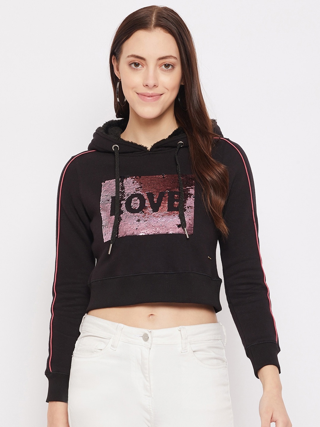 

Duke Women Black Sequin Embellished Cotton Crop Hooded Sweatshirt