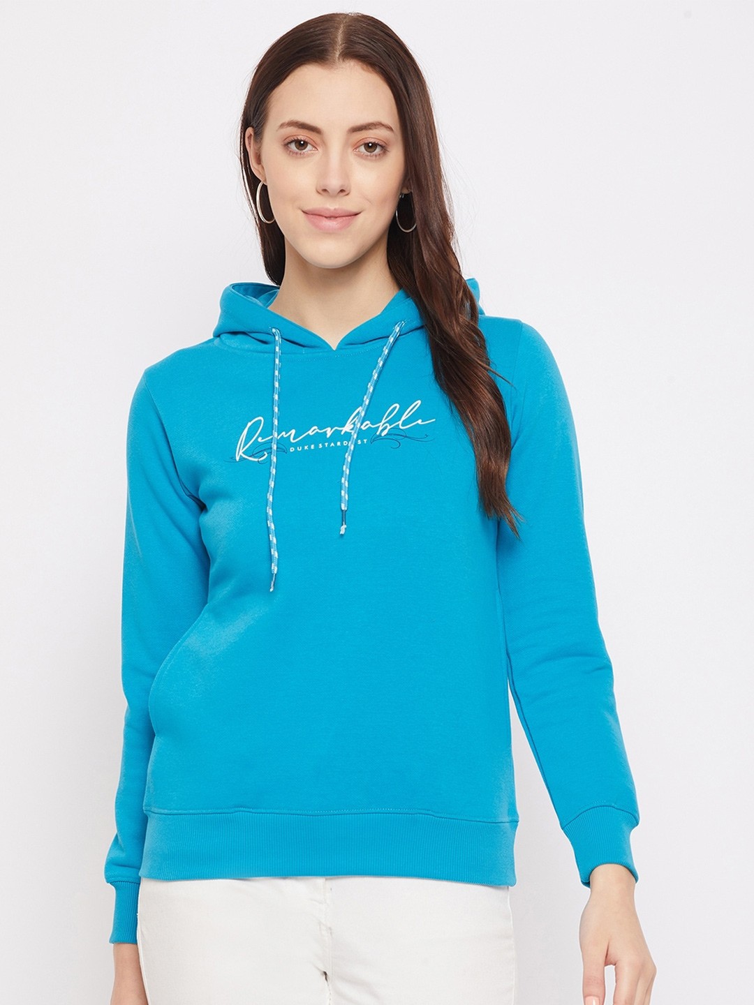 

Duke Women Blue Printed Cotton Hooded Sweatshirt