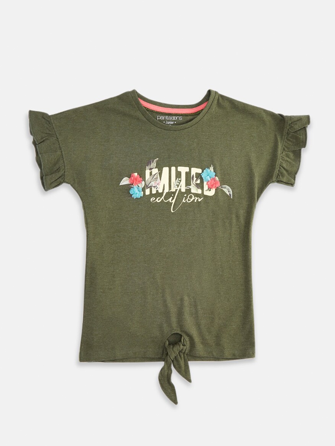 

Pantaloons Junior Girls Olive Green Printed Pure Cotton Applique T-shirt