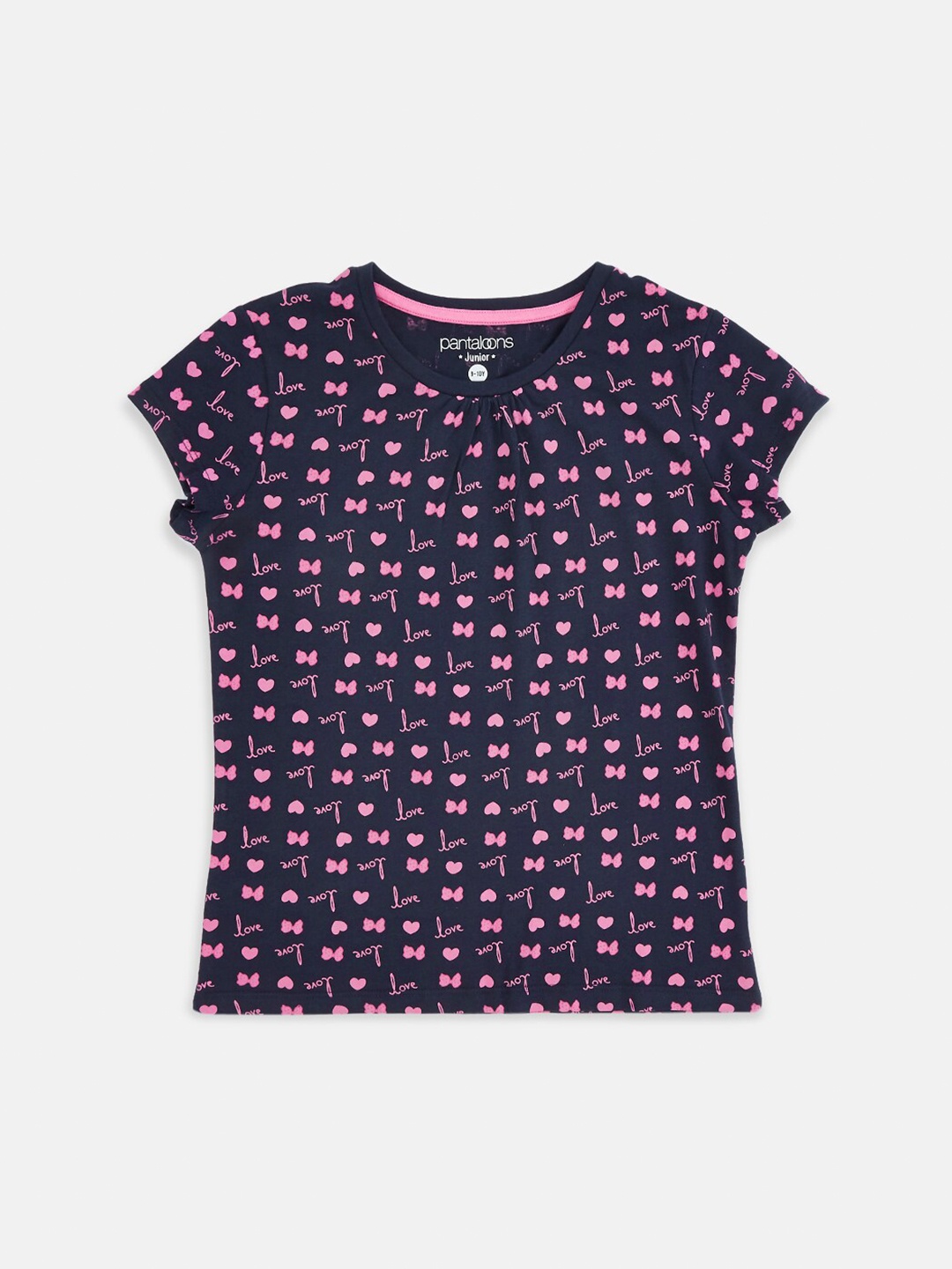 

Pantaloons Junior Girls Navy Blue & Pink Printed Pure Cotton T-shirt