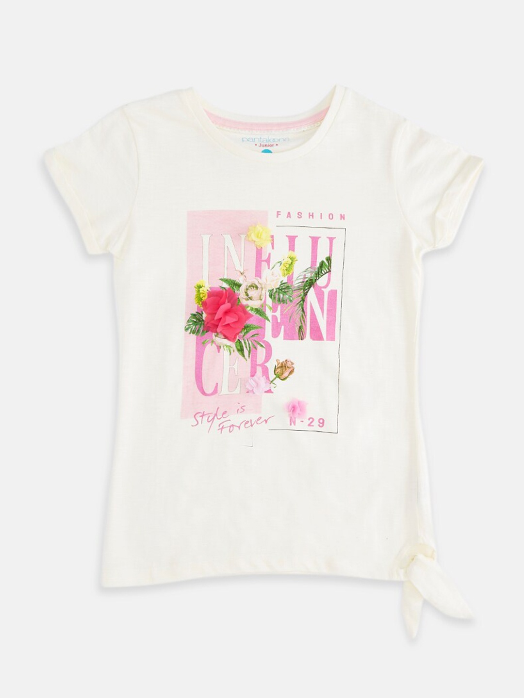 

Pantaloons Junior Girls Off White & Pink Printed Tropical Pure Cotton T-shirt