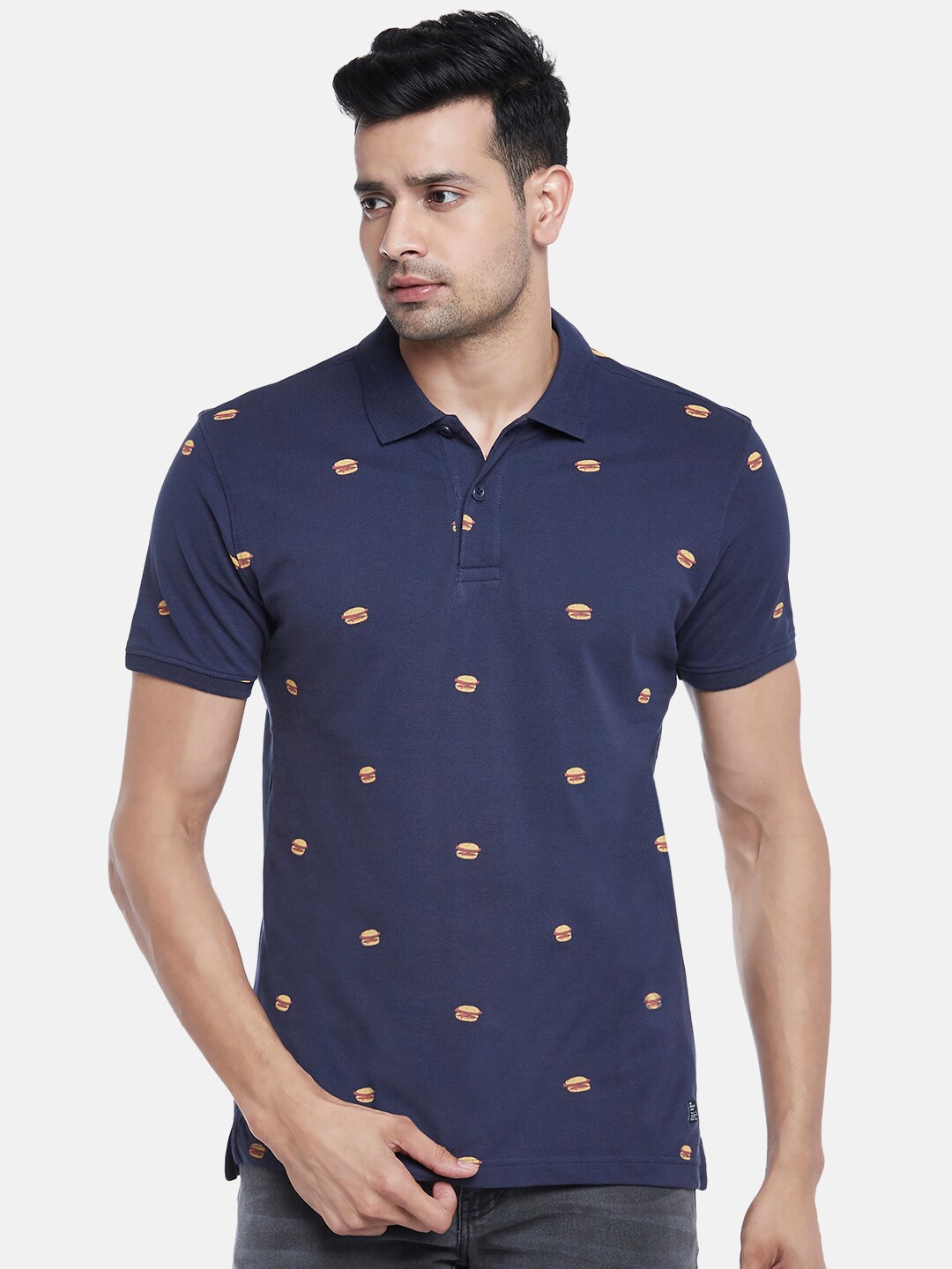 

People Men Navy Blue Printed Polo Collar T-shirt