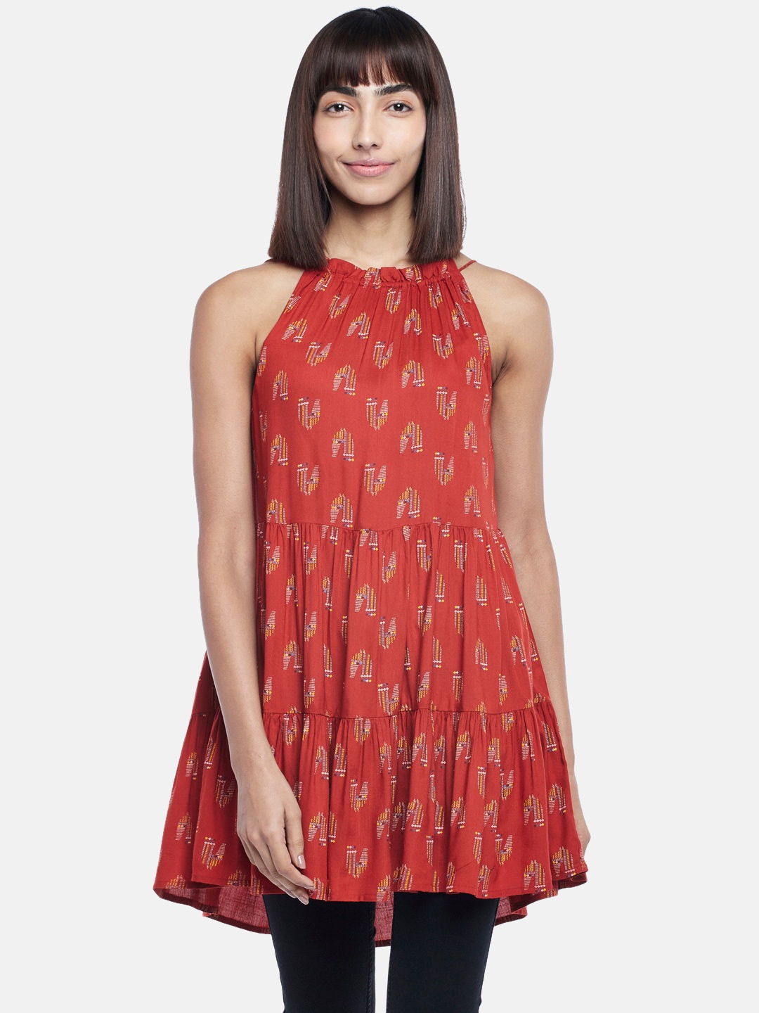

People Rust & Yellow Viscose Rayon Halter Neck Printed Tunic