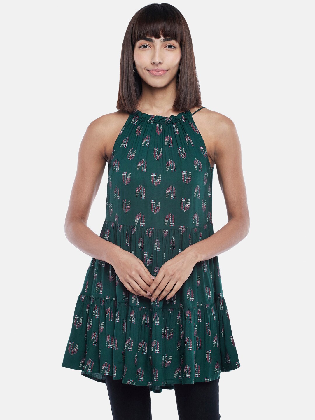 

People Green & Pink Halter Neck Printed Tunic