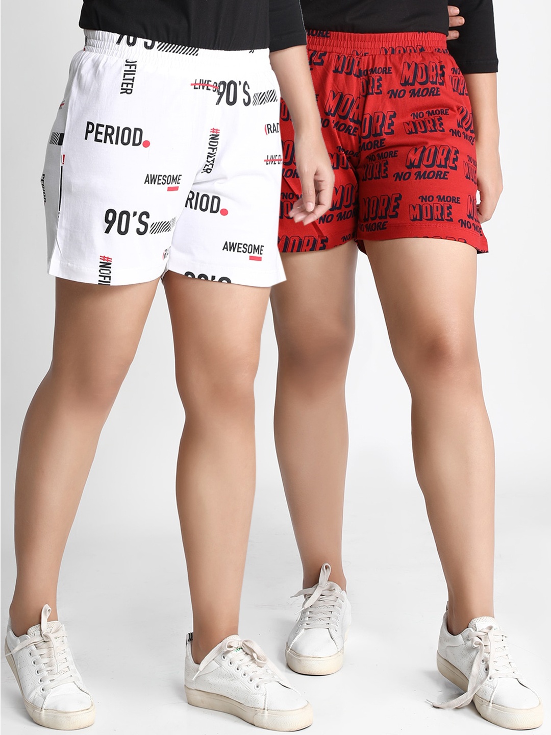 

Dream of Glory Inc Women Pack Of 2 White & Red Typography Printed Hot Pants Shorts