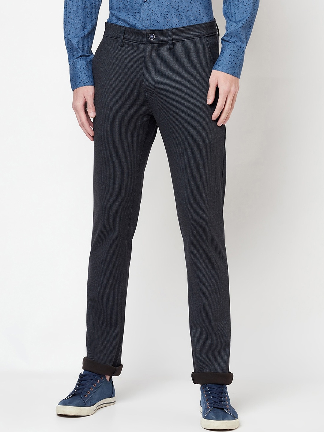 

Crimsoune Club Men Navy Blue Striped Slim Fit Trousers