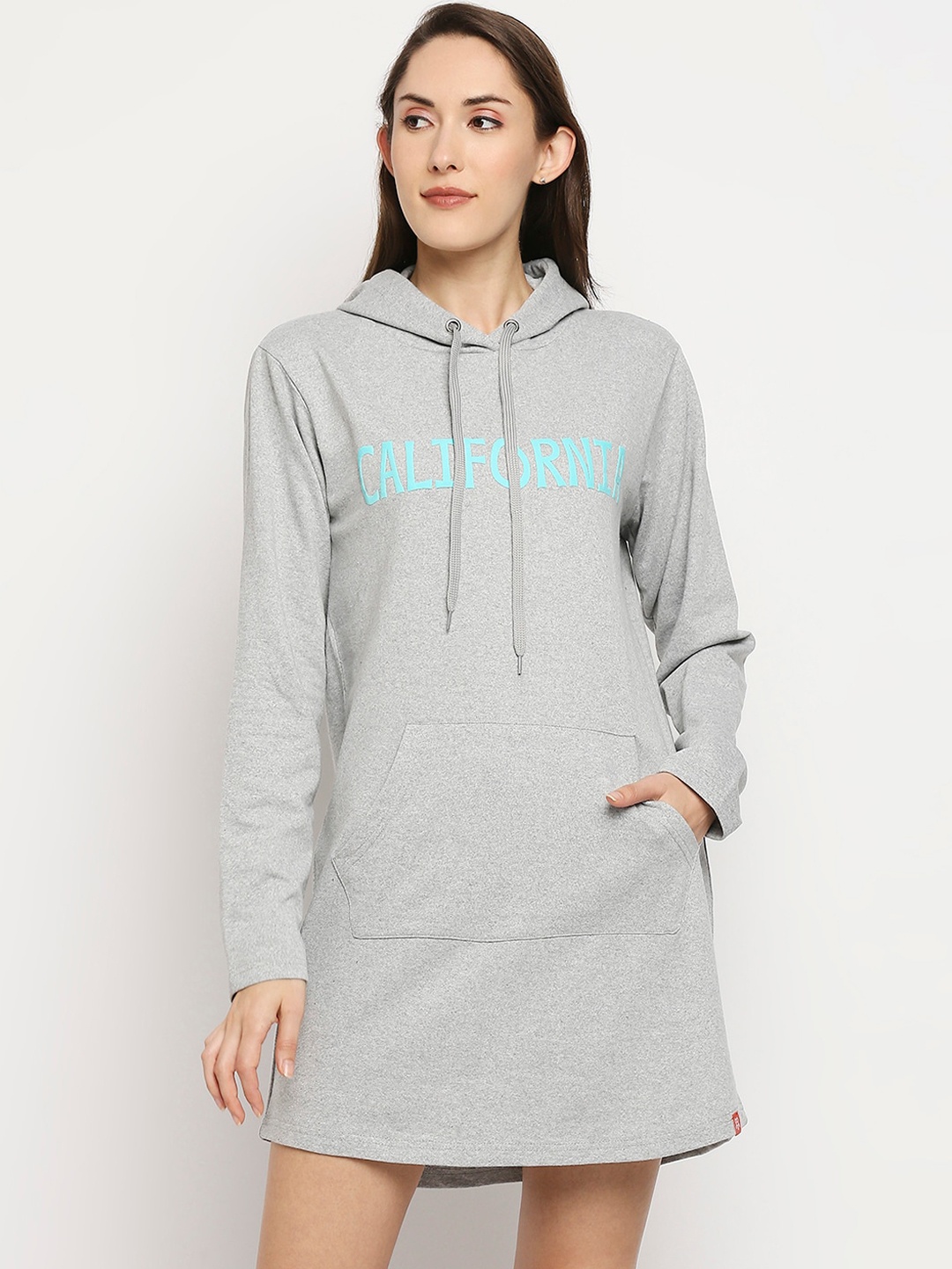 

evolove Grey Melange Printed Hooded Cotton Nightdress