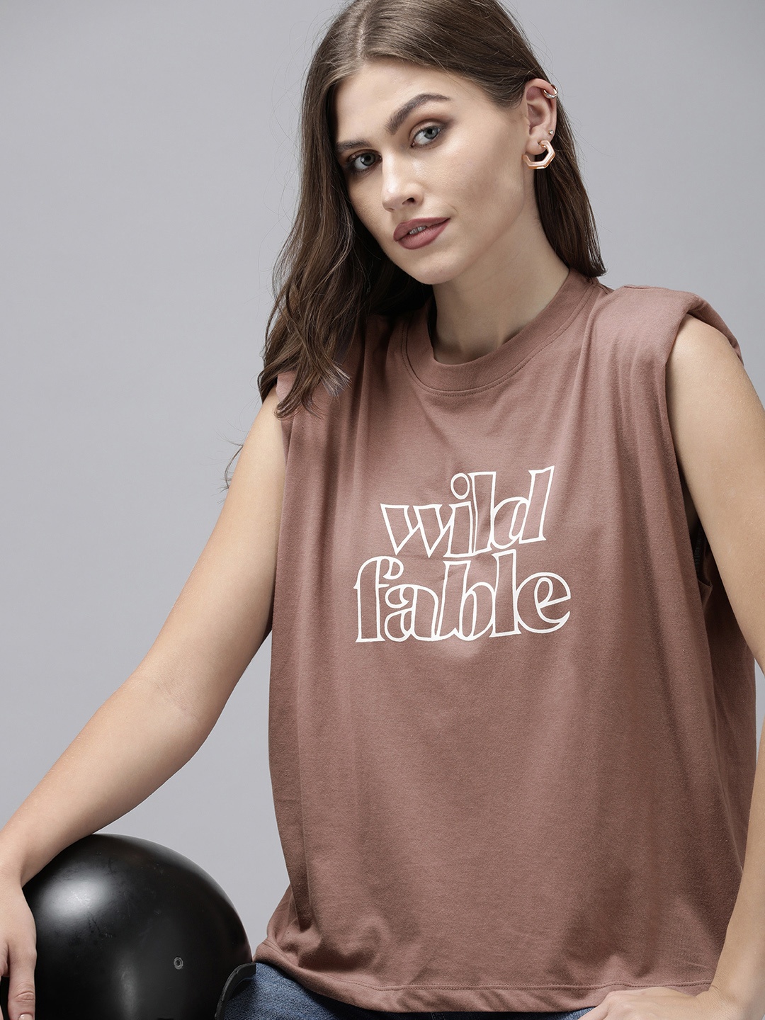 

The Roadster Lifestyle Co Women Mauve Typography Printed Pure Cotton Sleeveless T-shirt