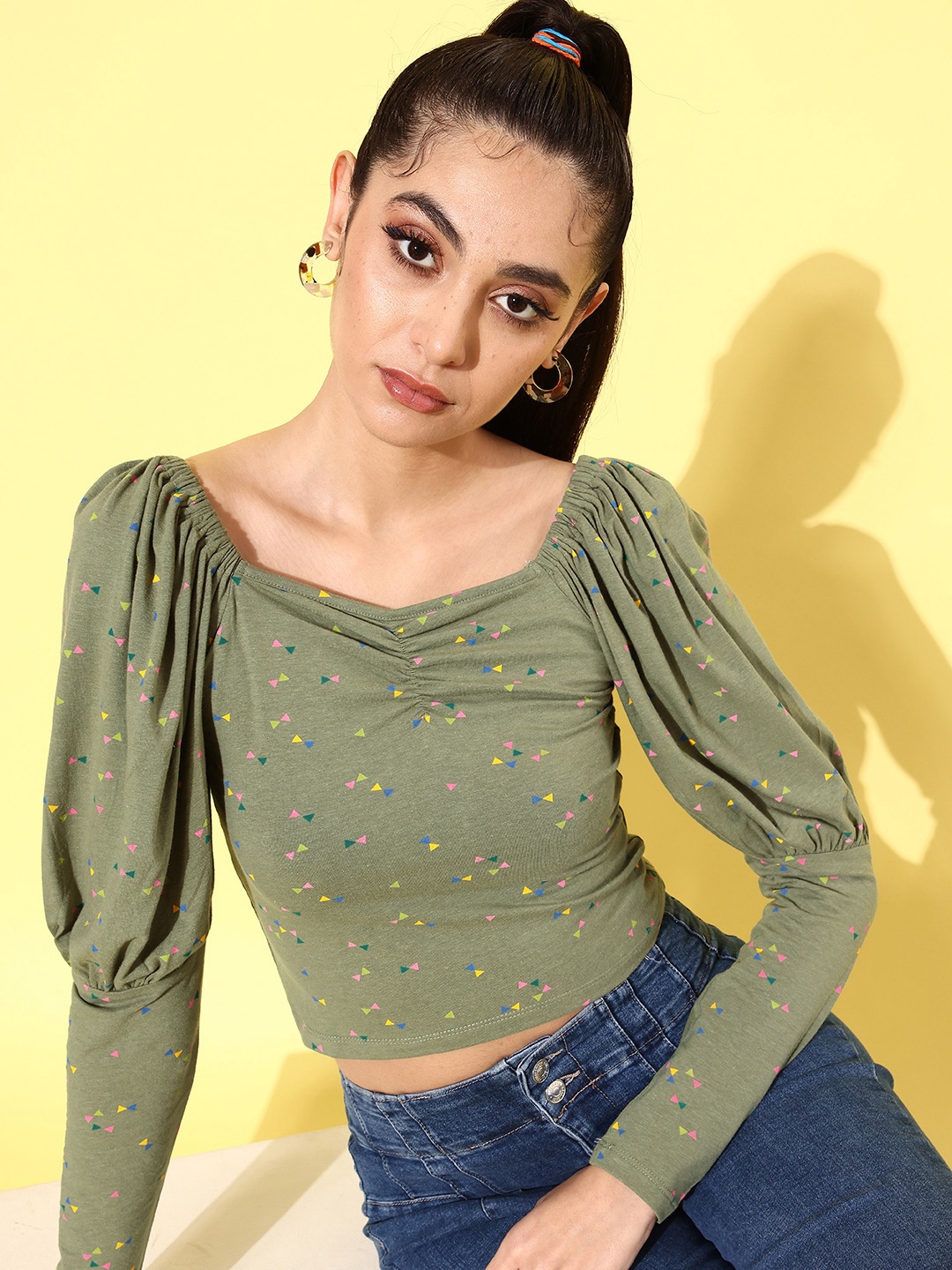 

Roadster Green Geometric Print Sweetheart Neck Top