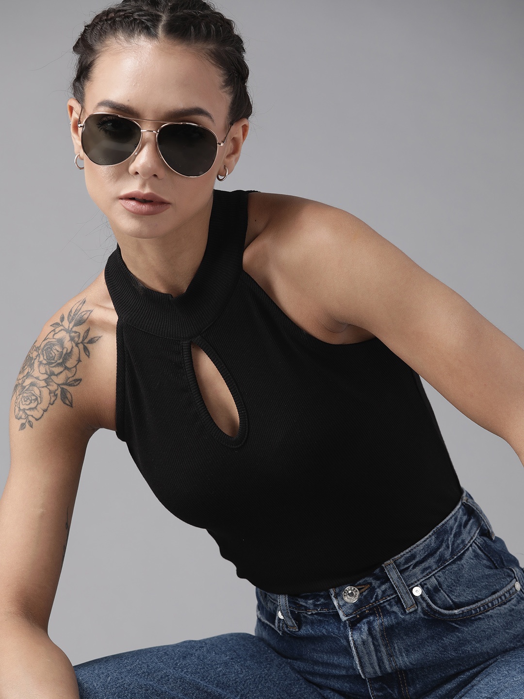 

Roadster Black Solid High Neck Fitted Top