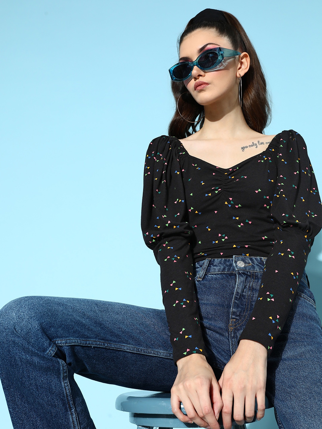 

Roadster Black & Pink Geometric Print Sweetheart Neck Top