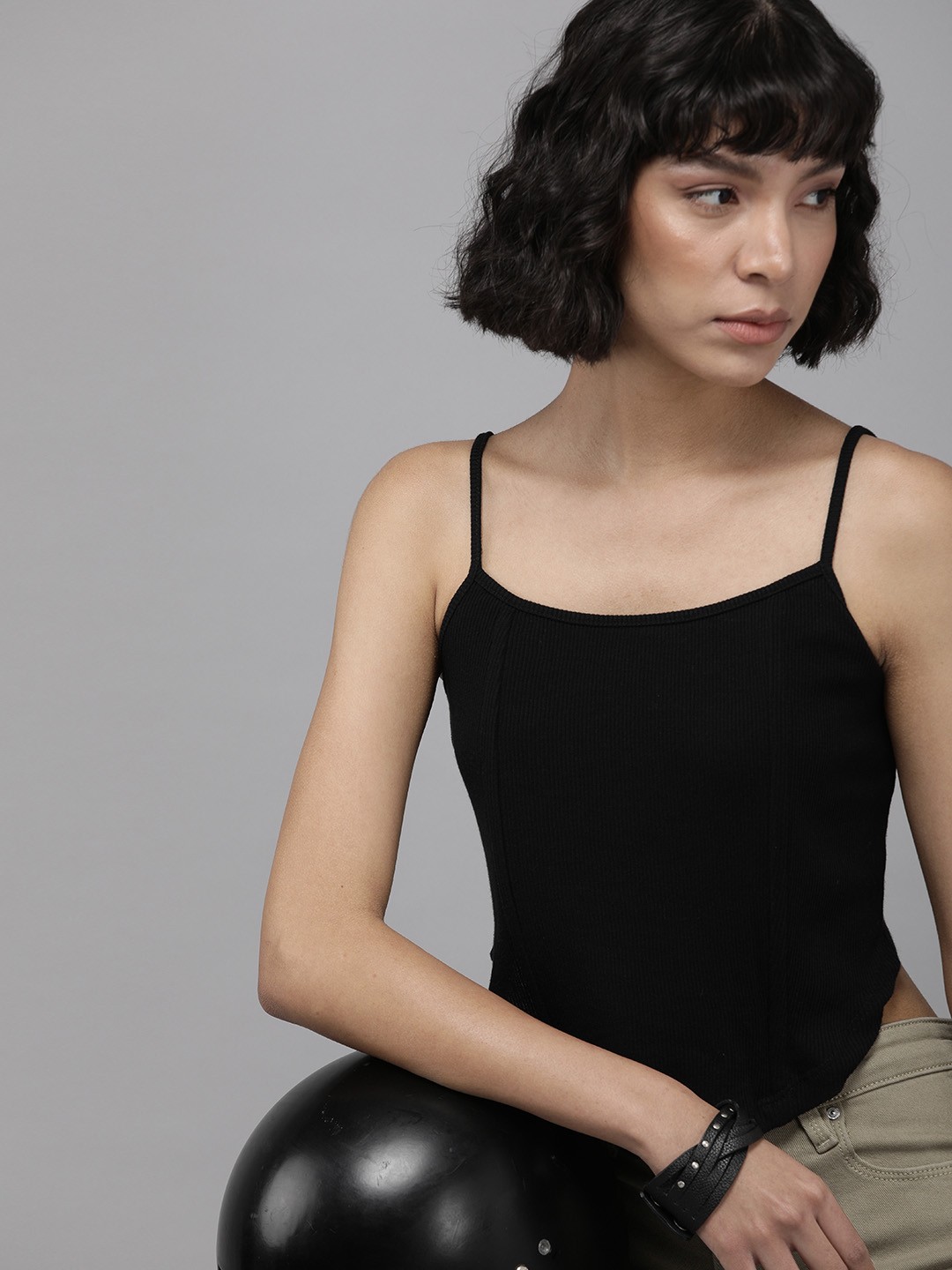 

The Roadster Lifestyle Co. Women Black Ribbed Shoulder Strap Croset Top