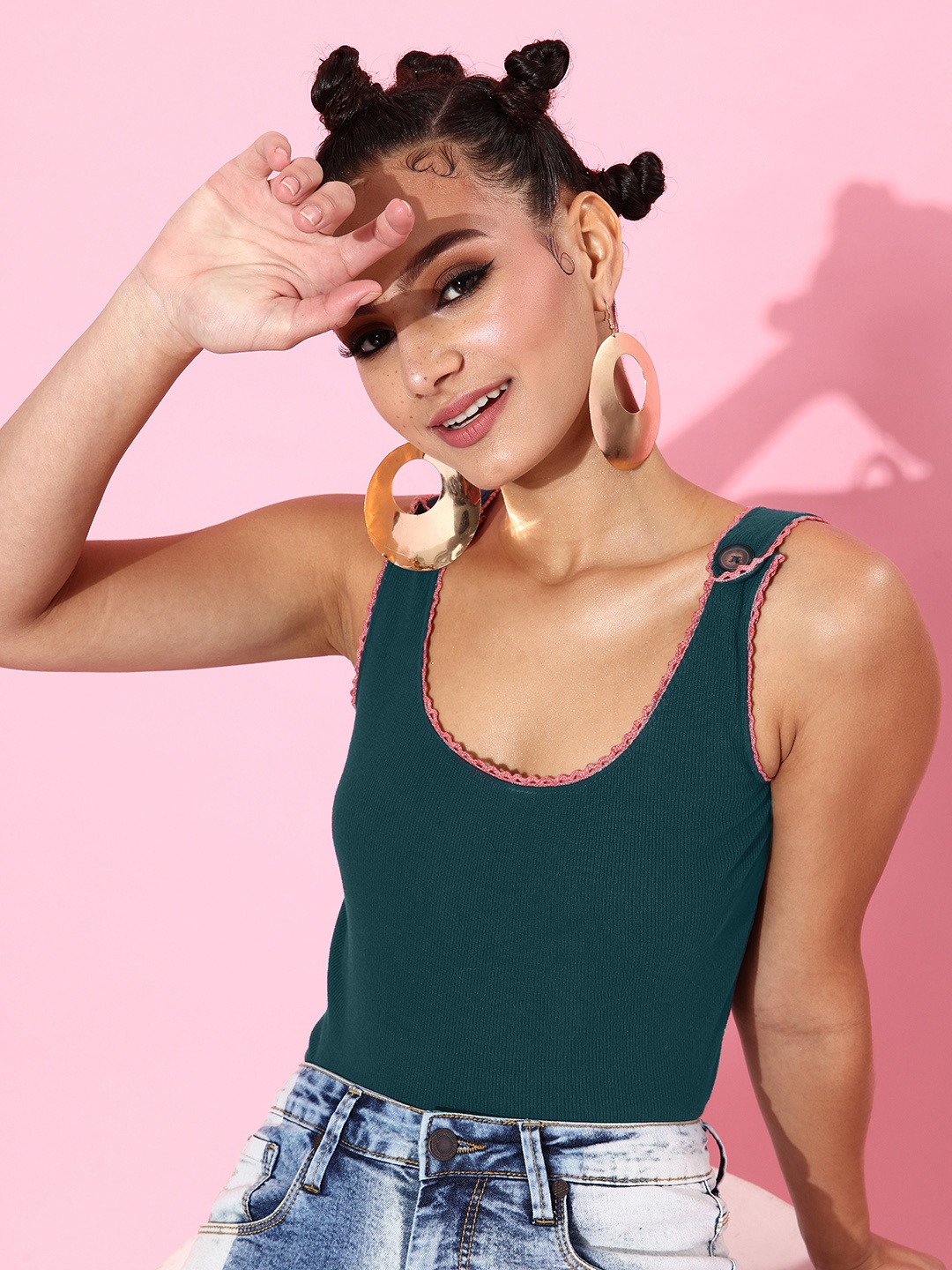 

Roadster Women Teal Green Tank Top With Embroidered Lace Detail