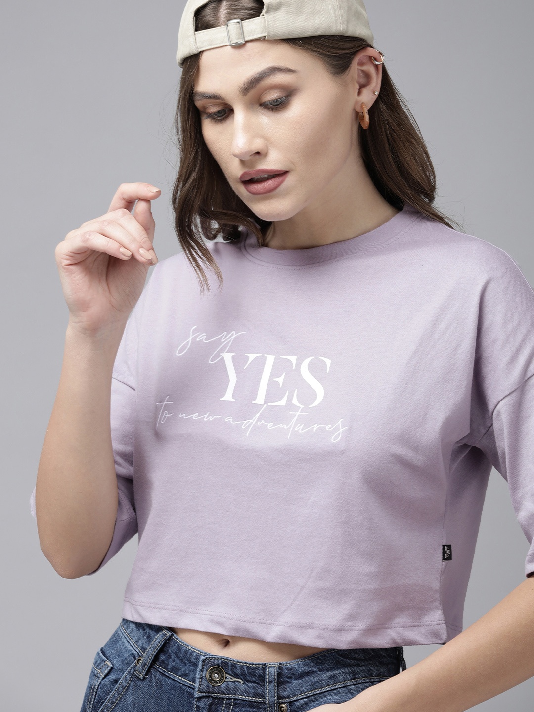 

The Roadster Lifestyle Co Women Lavender Typography Printed Extended Sleeves Pure Cotton Crop T-shirt