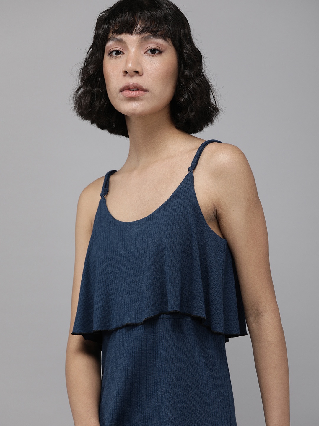 

The Roadster Lifestyle Co. Women Navy Blue Ribbed A-Line Mini Layered Dress