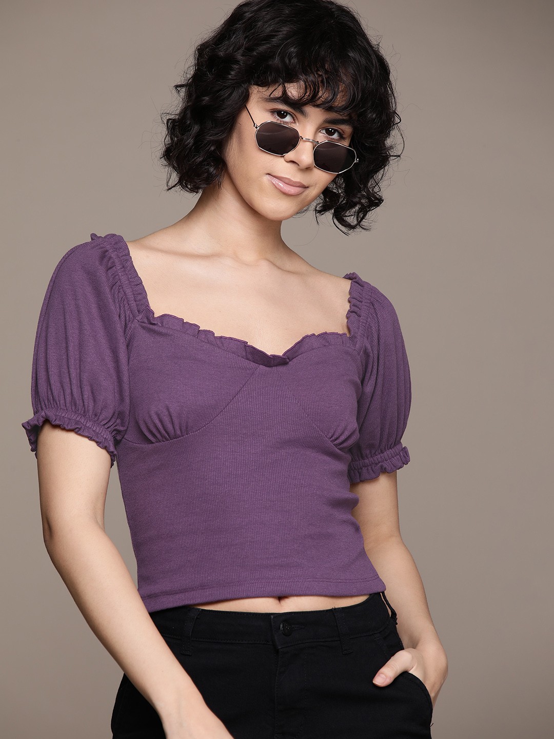

The Roadster Lifestyle Co. Sweetheart Neck Puff Sleeves Top, Purple