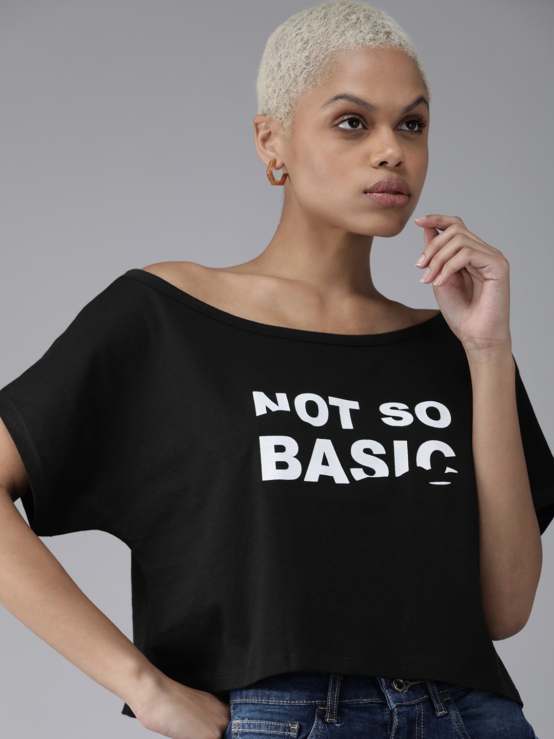 

The Roadster Lifestyle Co Women Black White Printed Boxy T-shirt