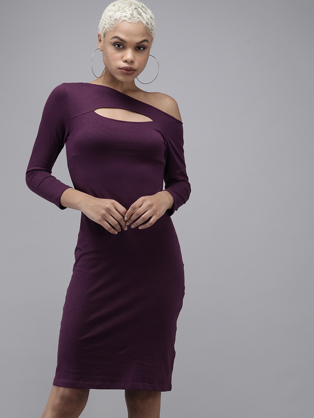 

Roadster Purple Solid One Shoulder Neck Regular Sleeves Cut-Outs Sheath Dress