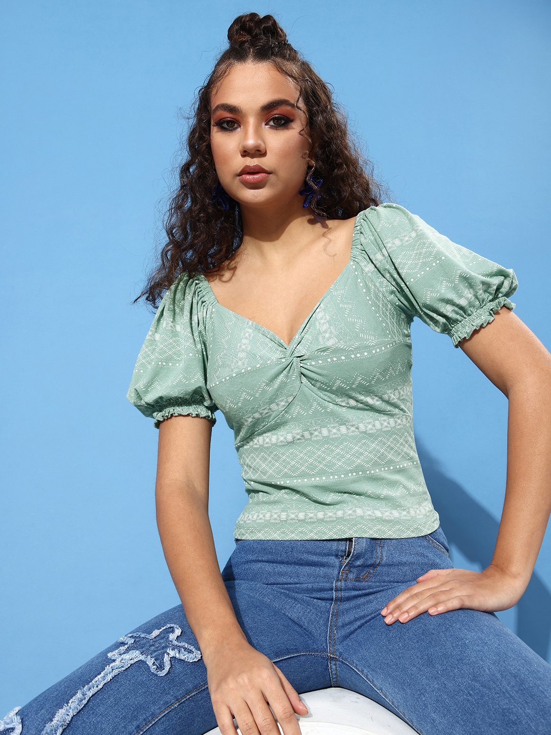 

Roadster Beautiful Sea Green Tribal Twist & Knot Top