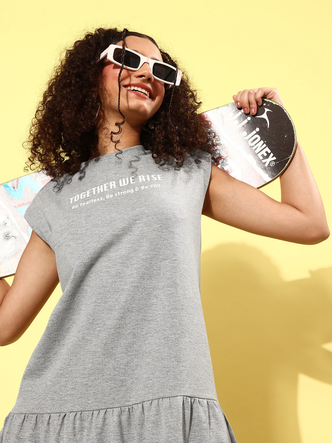 

Roadster Women Lovely Grey Melange Typography Better Slogan Dress
