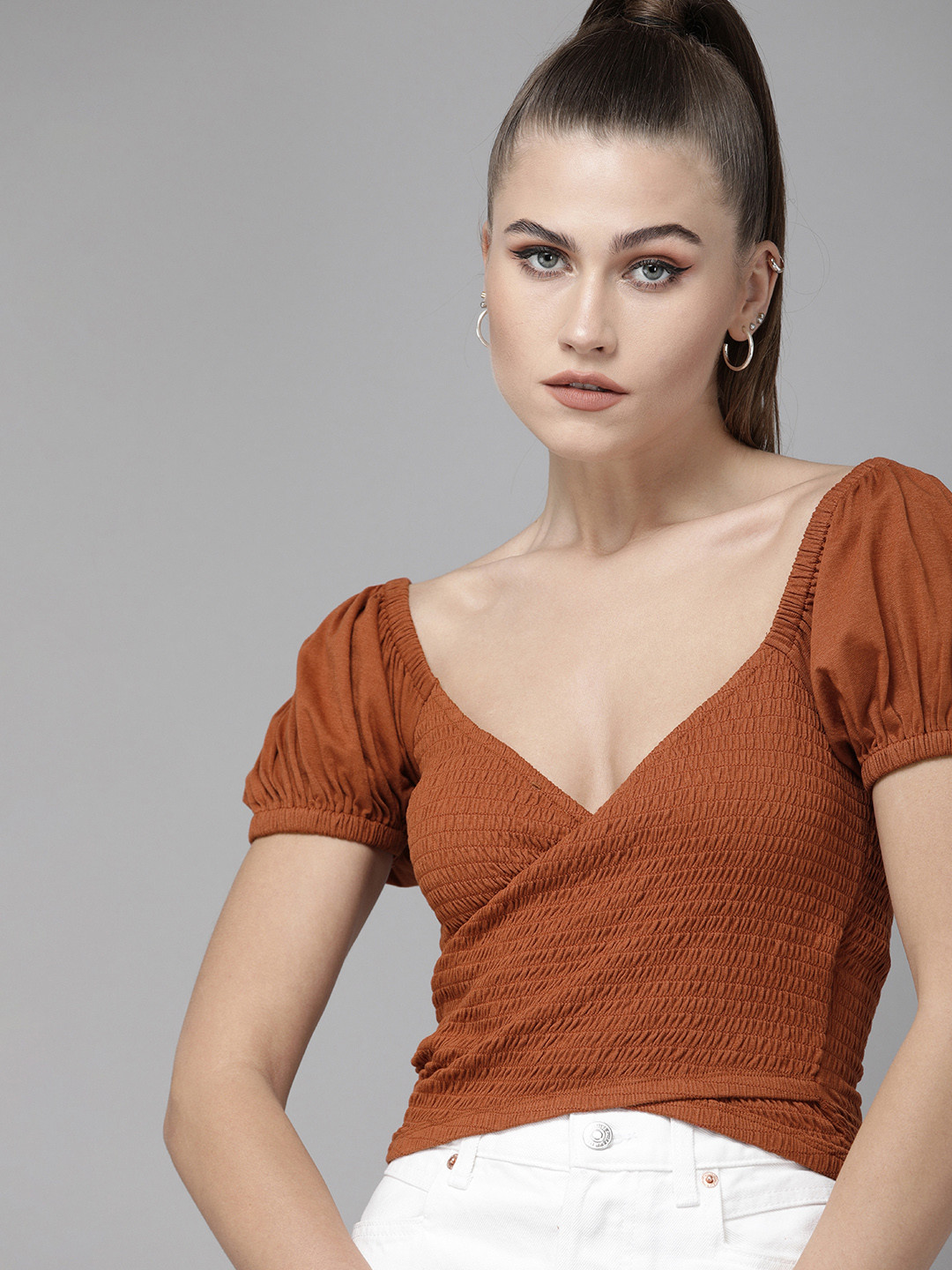 

The Roadster Lifestyle Co Women Brown Wrap Cropped Top