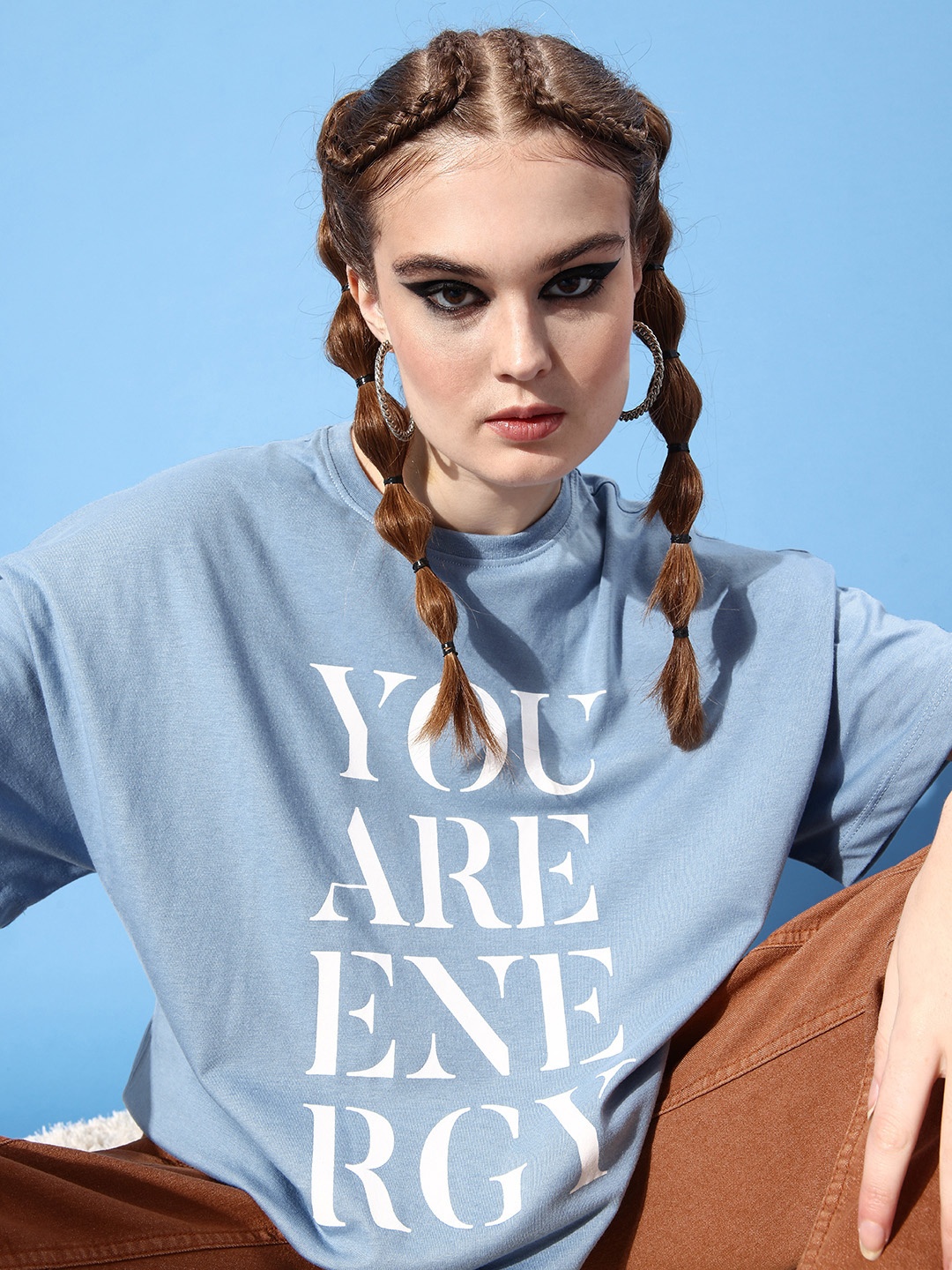 

The Roadster Lifestyle Co Women Blue Typography Printed Cotton Longline Boxy T-shirt