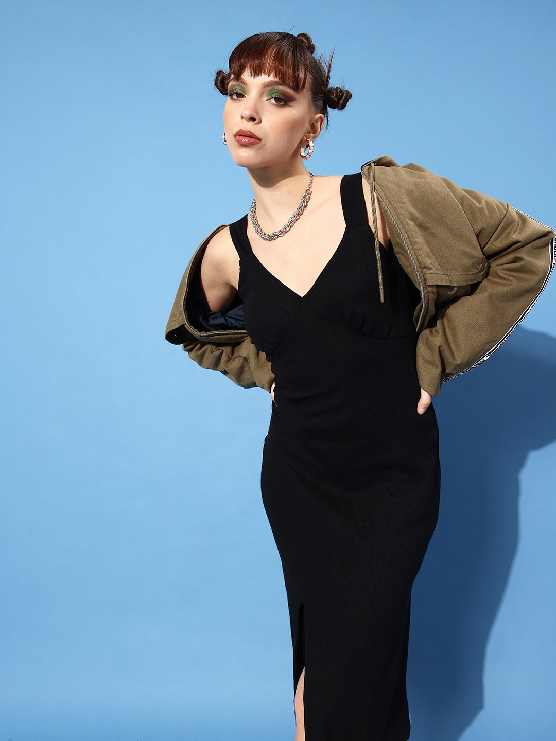 

Roadster Women Black Striped Peekaboo Slit Dress