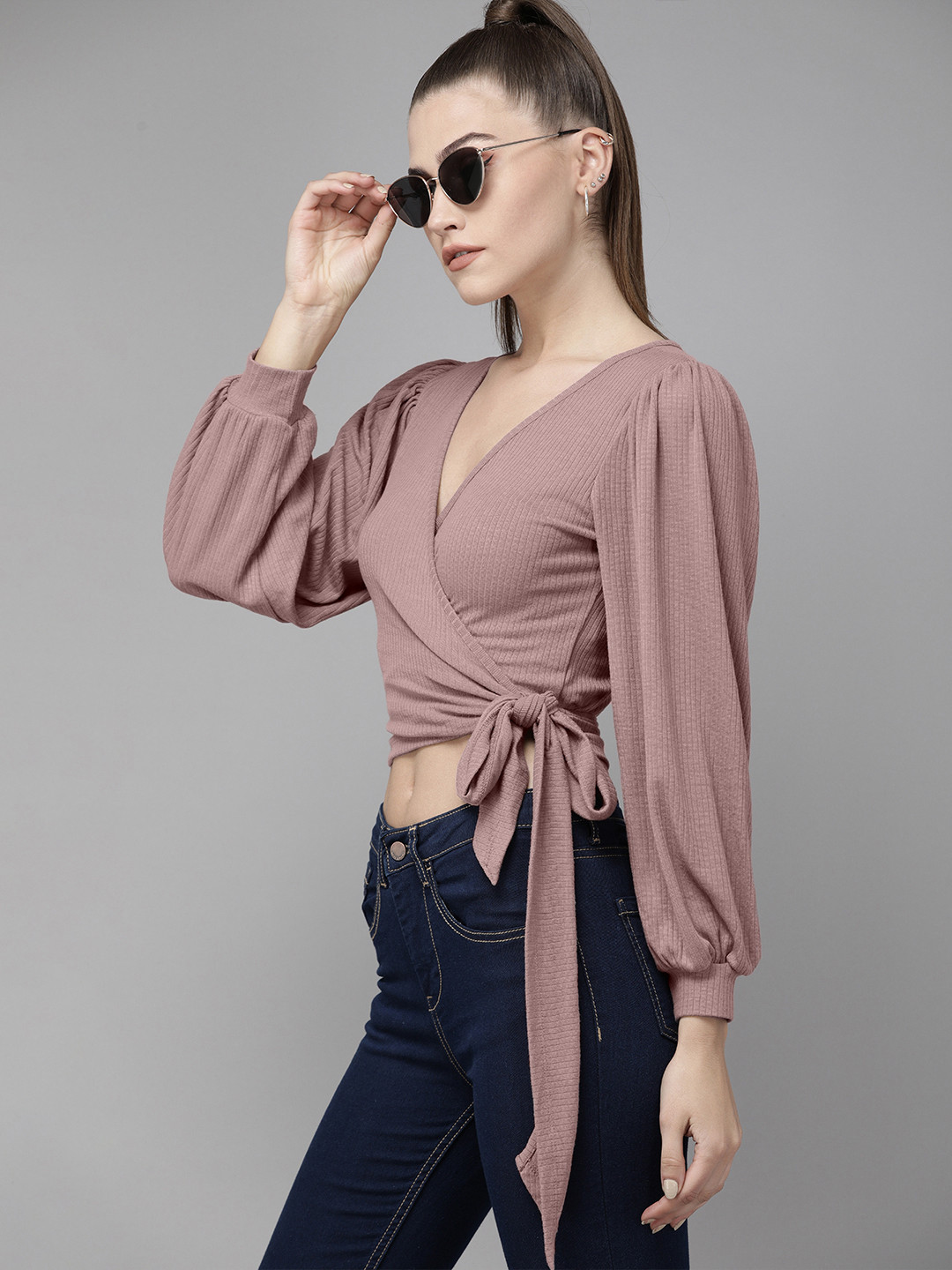 

The Roadster Lifestyle Co Women Mauve Striped Wrap Cropped Top