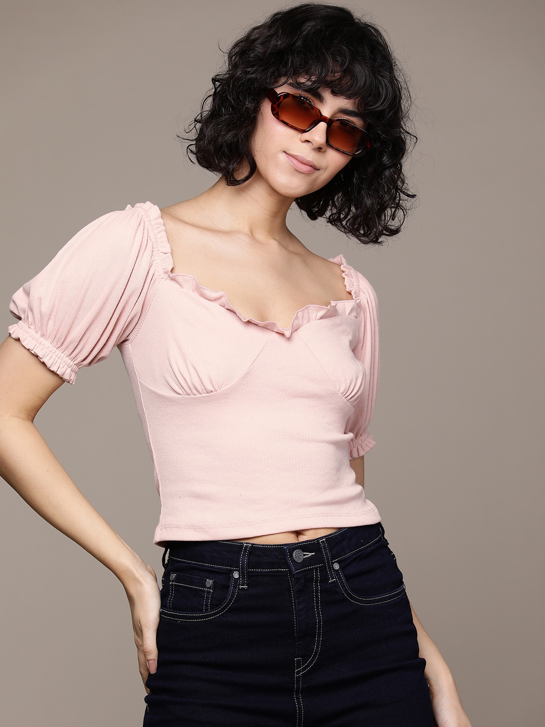 

The Roadster Lifestyle Co. Ribbed Sweetheart Neck Crop Top, Pink