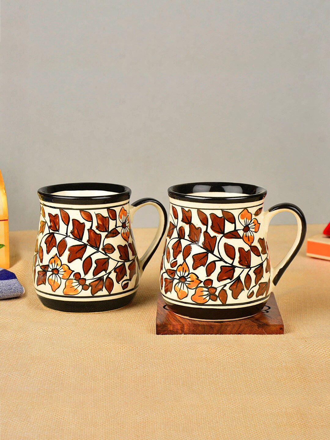 

StyleMyWay Set-2 Off White & Brown Floral Printed Ceramic Glossy Cups and Mugs