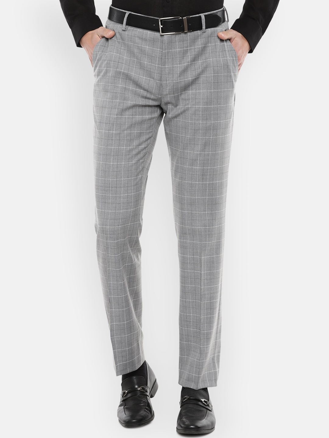 

Louis Philippe Permapress Men Grey & White Checked Formal Trousers