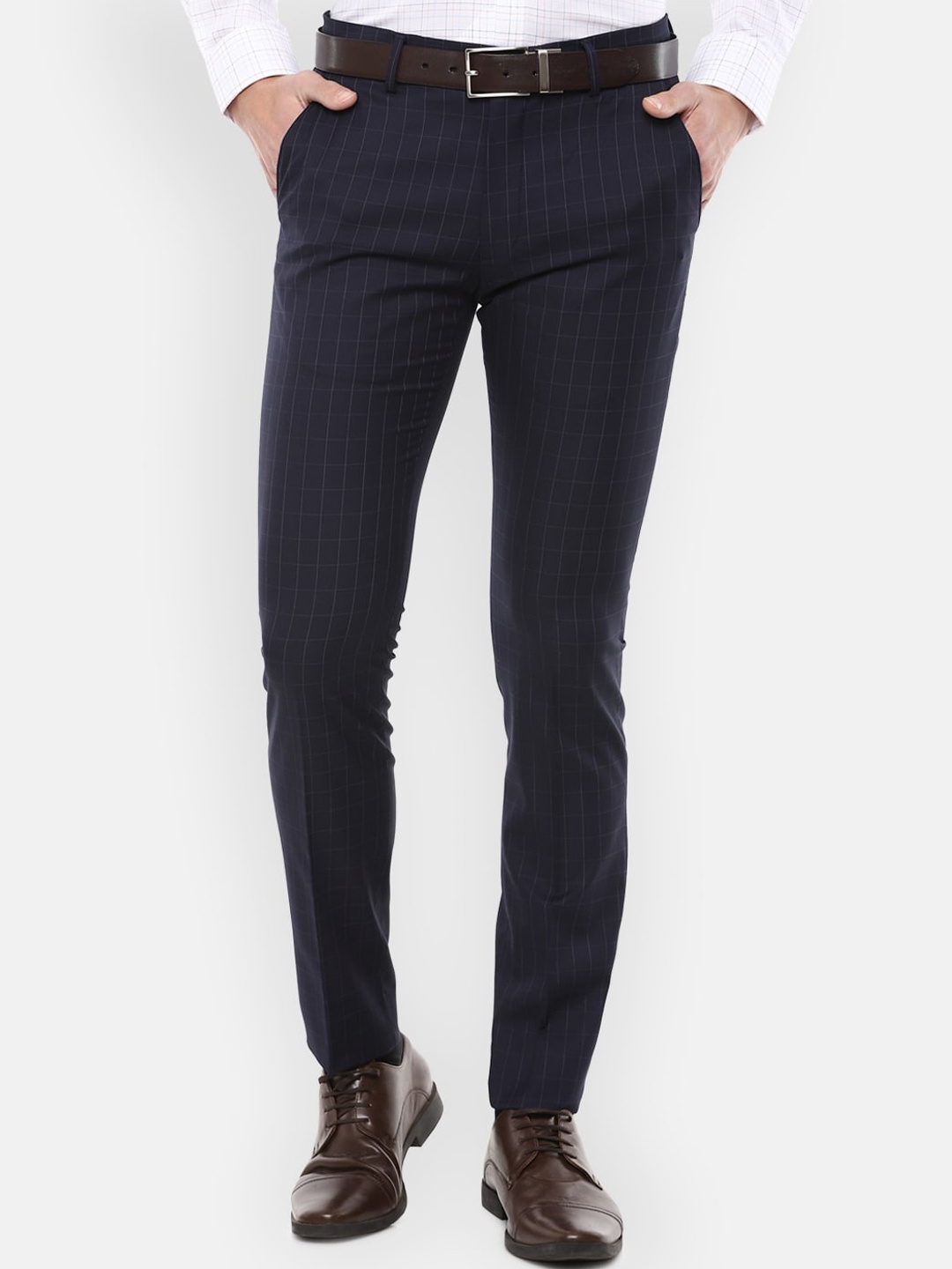 

Louis Philippe Men Navy Blue Checked Slim Fit Trousers