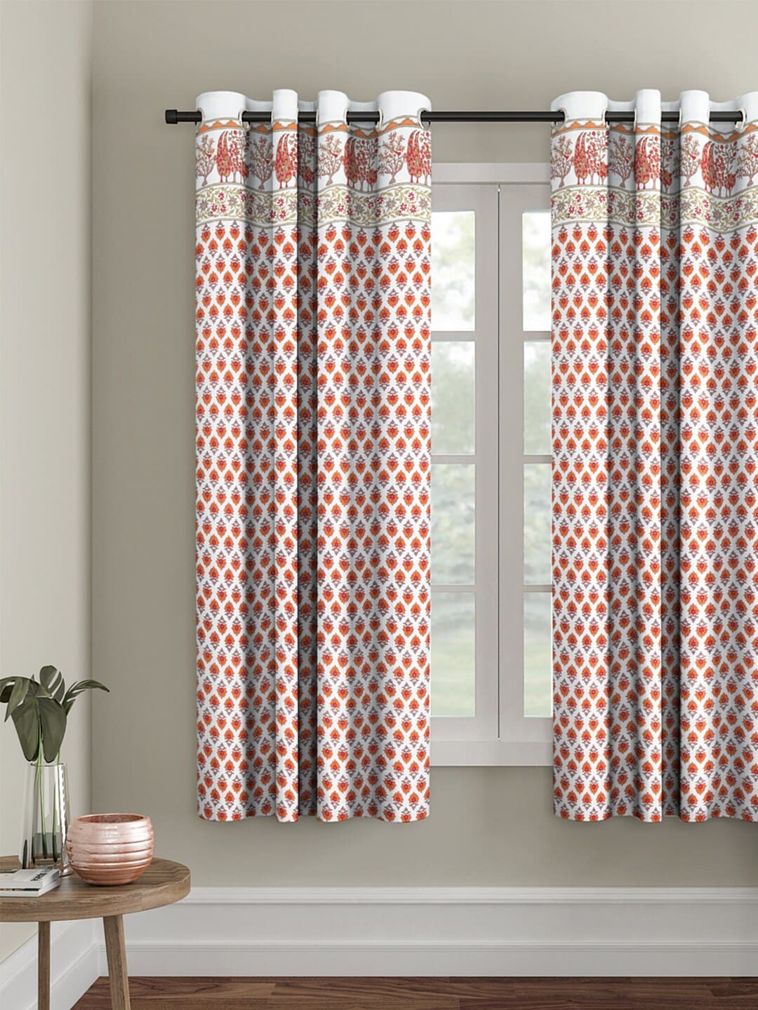 

Rajasthan Decor White & Orange Floral Window Curtain