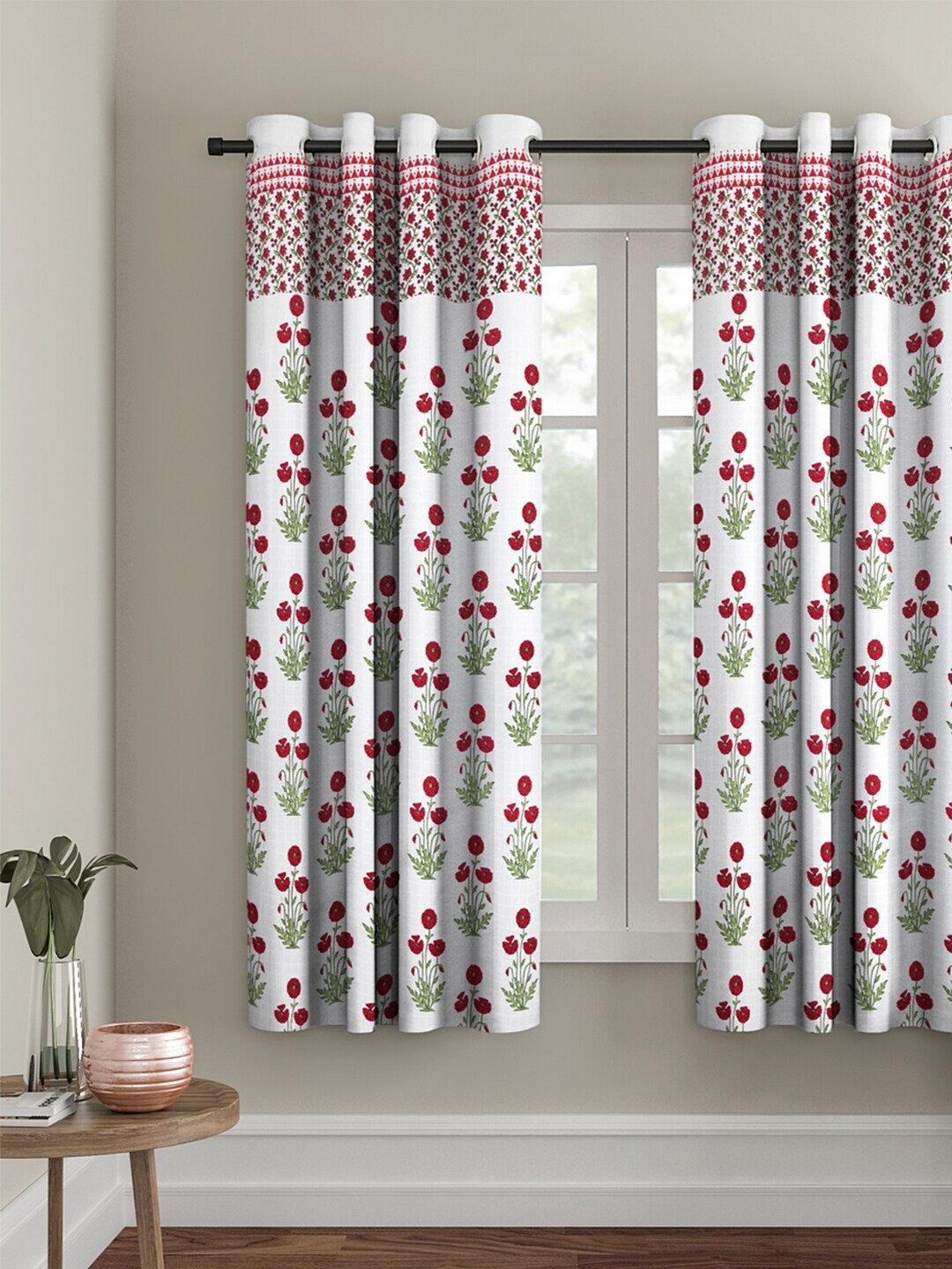 

Rajasthan Decor White & Red Floral Screen Print Cotton Window Curtain