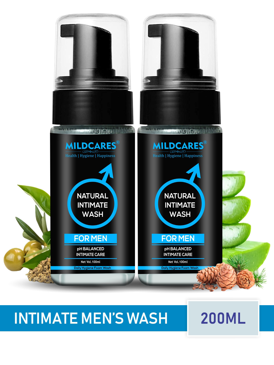 

MILDCARES Set Of 2 Men pH Balanced Intimate Wash Tea Tree Oil & Aloe Vera Extract 200ml, Black