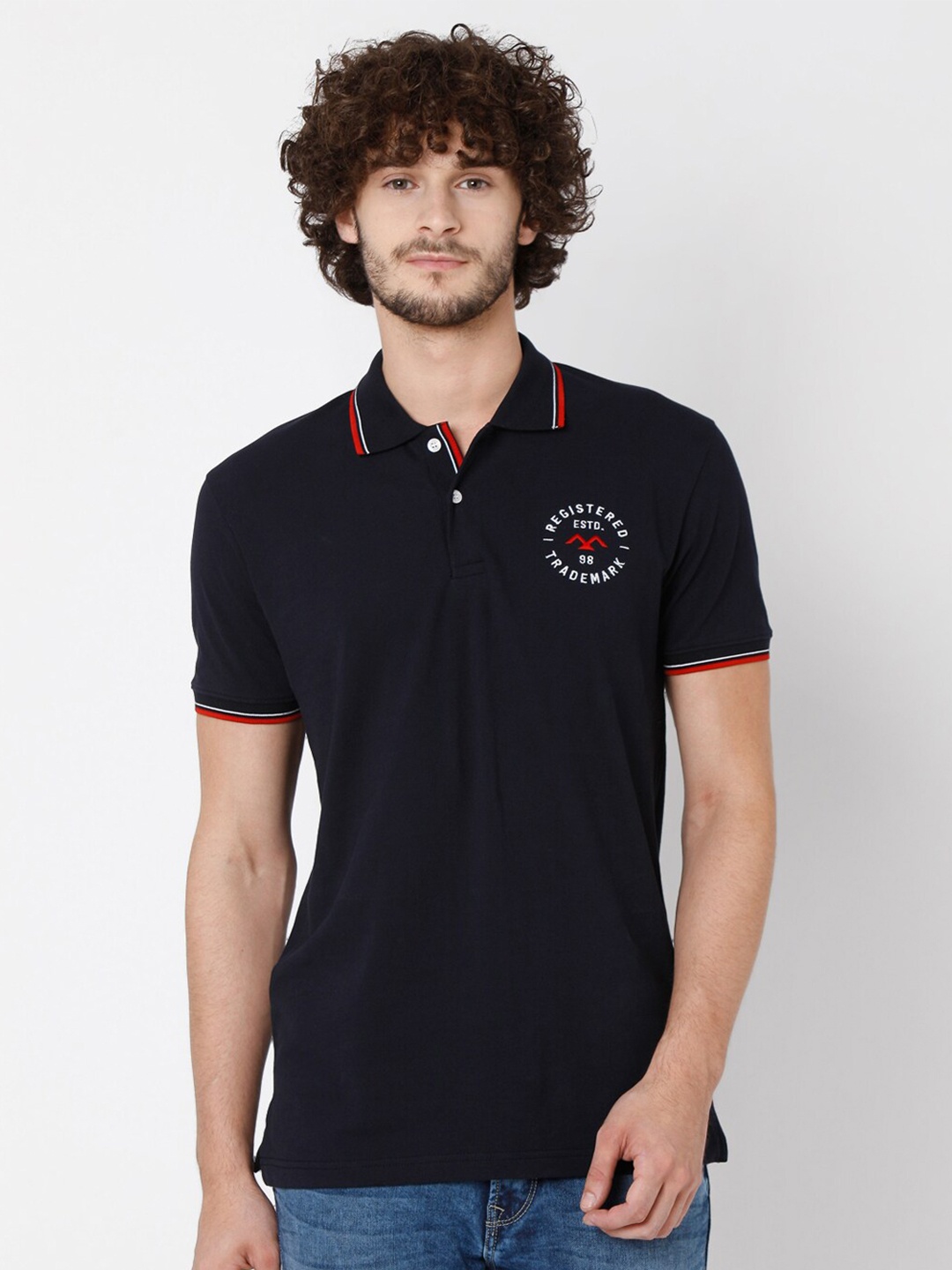 

Mufti Men Navy Blue Polo Collar Pure Cotton Slim Fit T-shirt