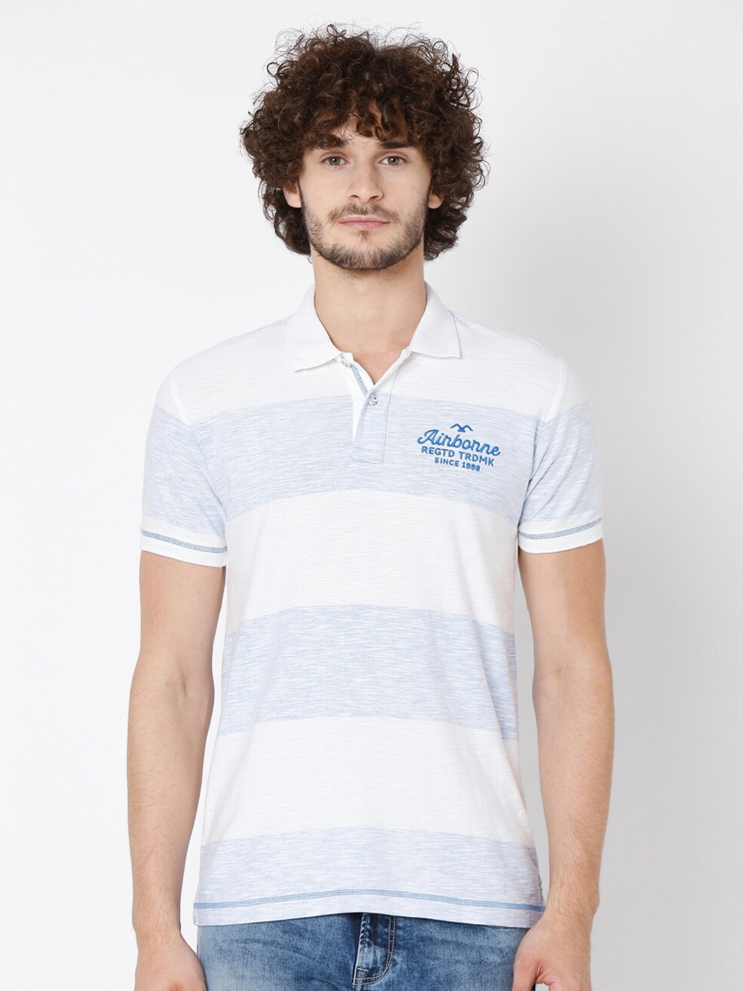 

Mufti Men White Striped Polo Collar Applique Slim Fit T-shirt