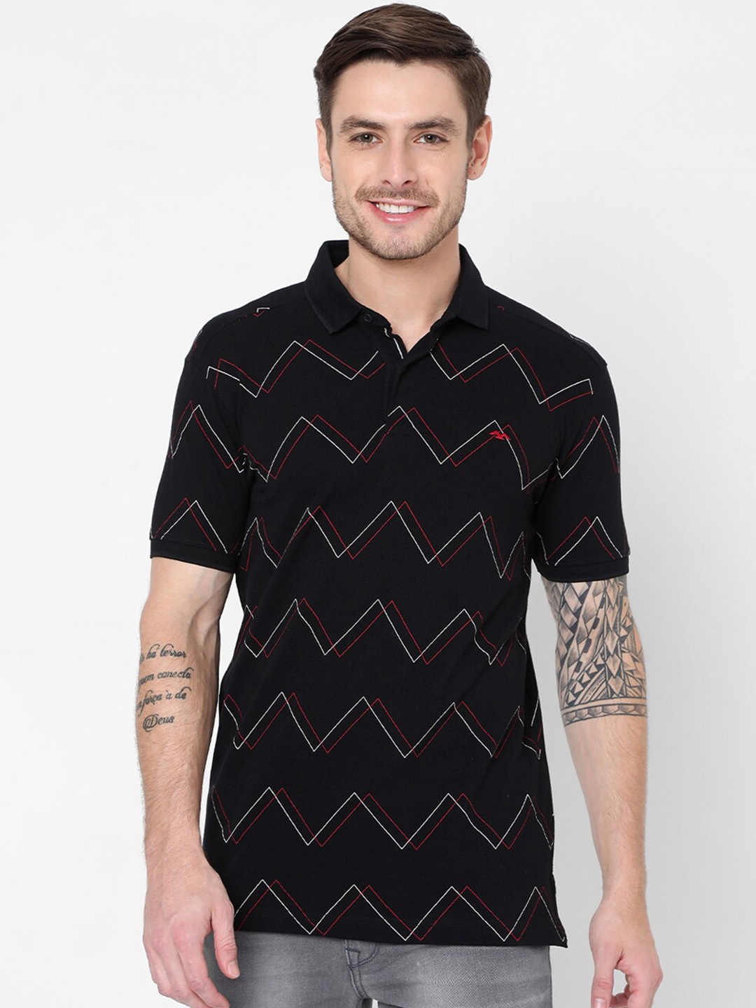 

Mufti Men Black Printed Polo Collar Slim Fit T-shirt