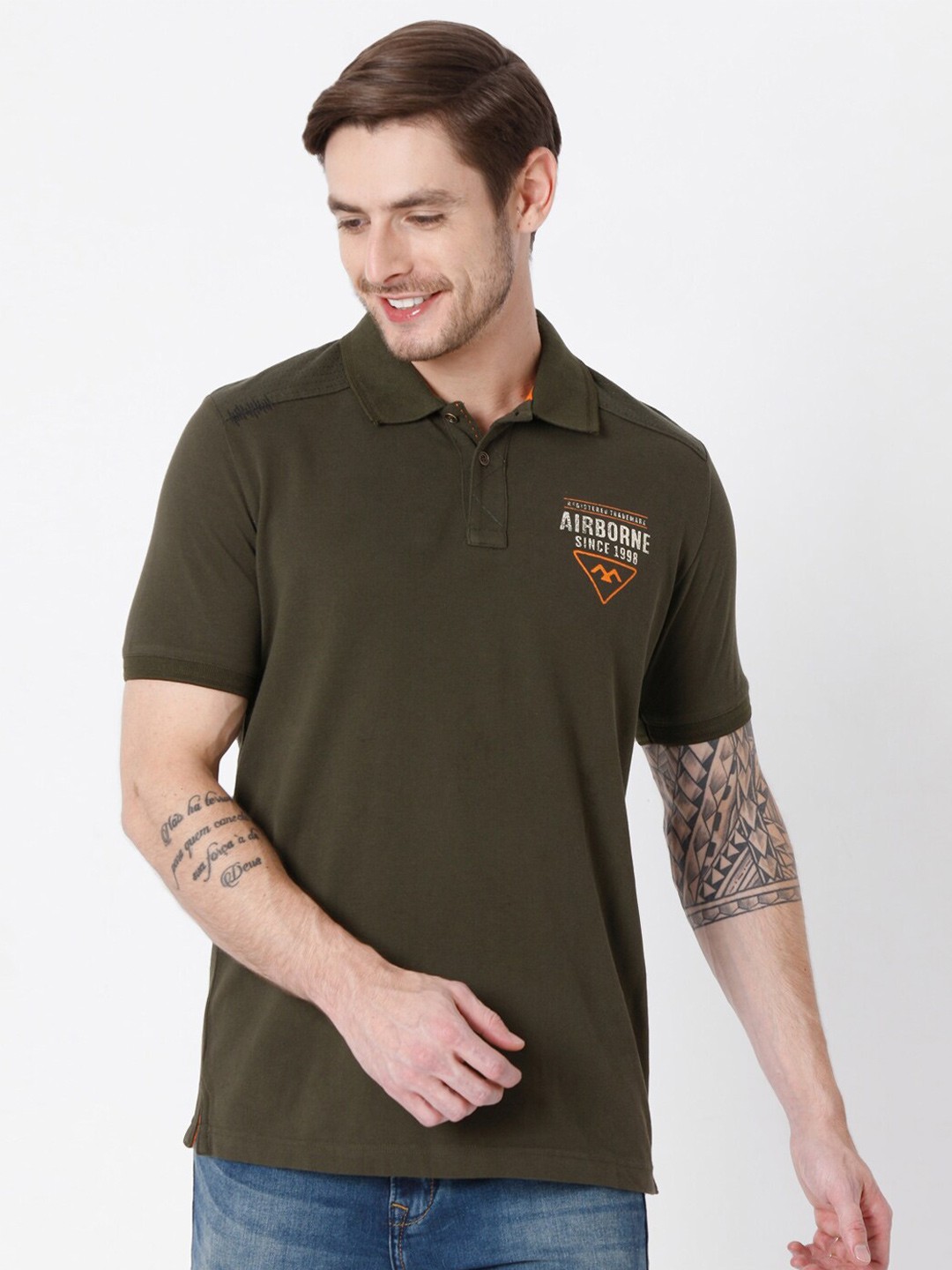 

Mufti Men Olive Green Typography Printed Polo Collar Slim Fit T-shirt
