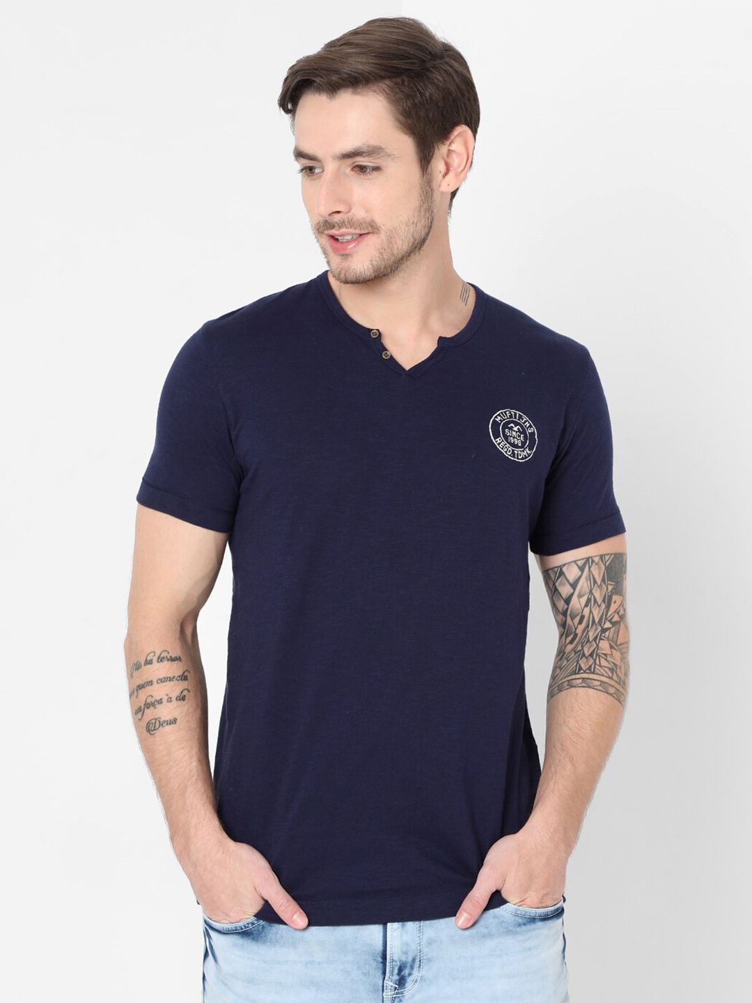 

Mufti Men Navy Blue V-Neck Pure Cotton Slim Fit T-shirt